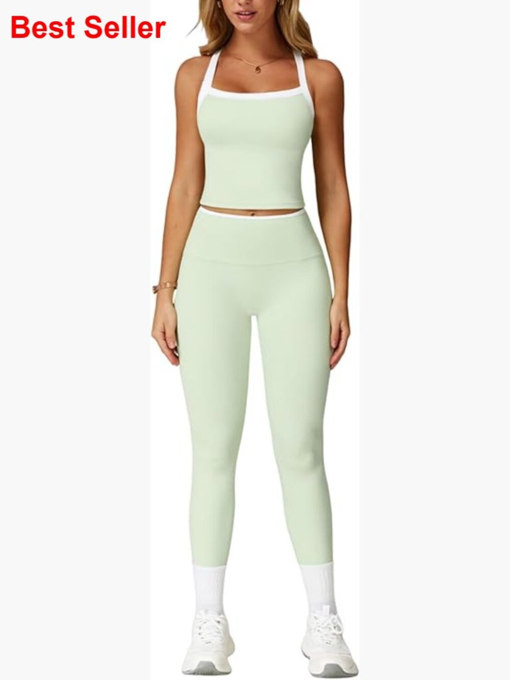 Criss Cross Back Crop Tank with Built-in Bra and Tummy Control Leggings Set
